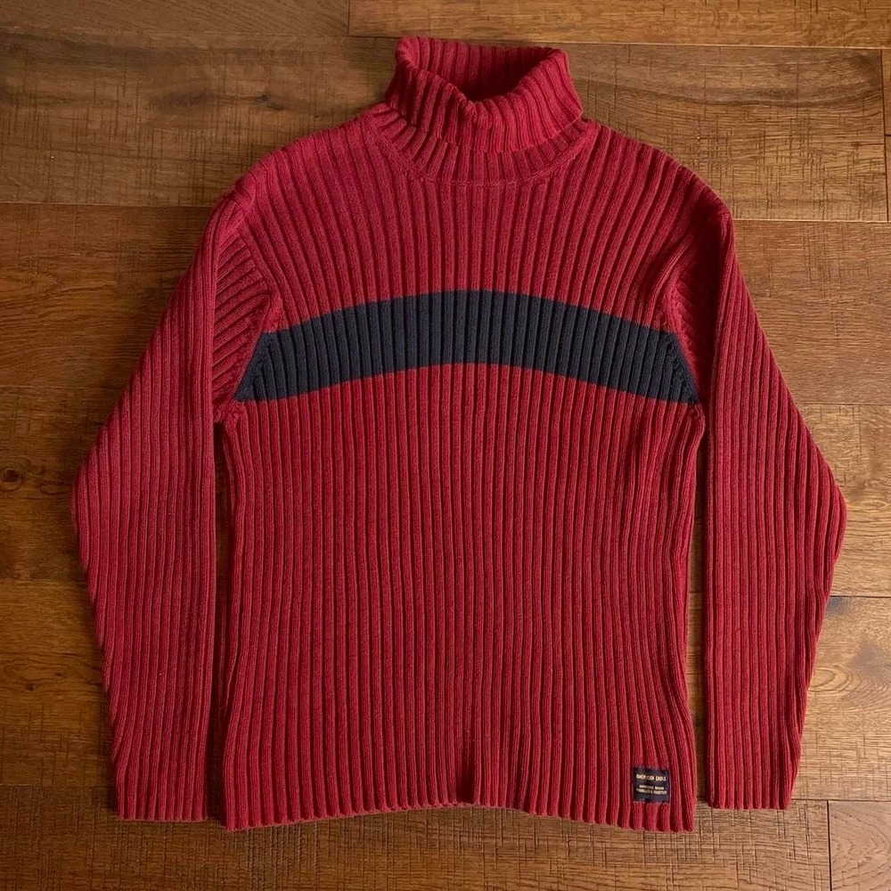 American Eagle Turtleneck Sweater Womens XL Red Preppy Ribbed Striped Cotton